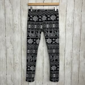 Just Cozy Lined Black White Elephant Tribal Warm Winter Stretch Pull On Leggings